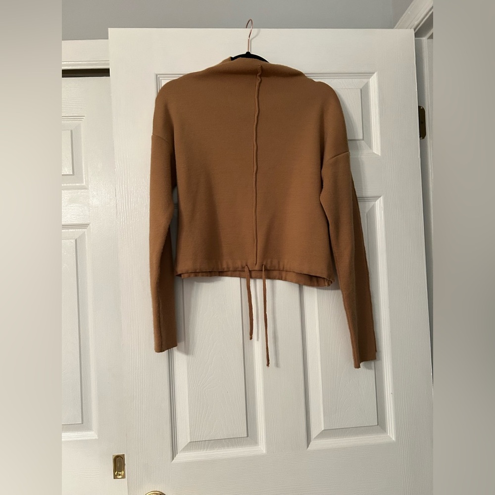 Glamify Camel Tan Pullover Drawstring Knitted Mock Neck Long Sleeve Crop Sweater